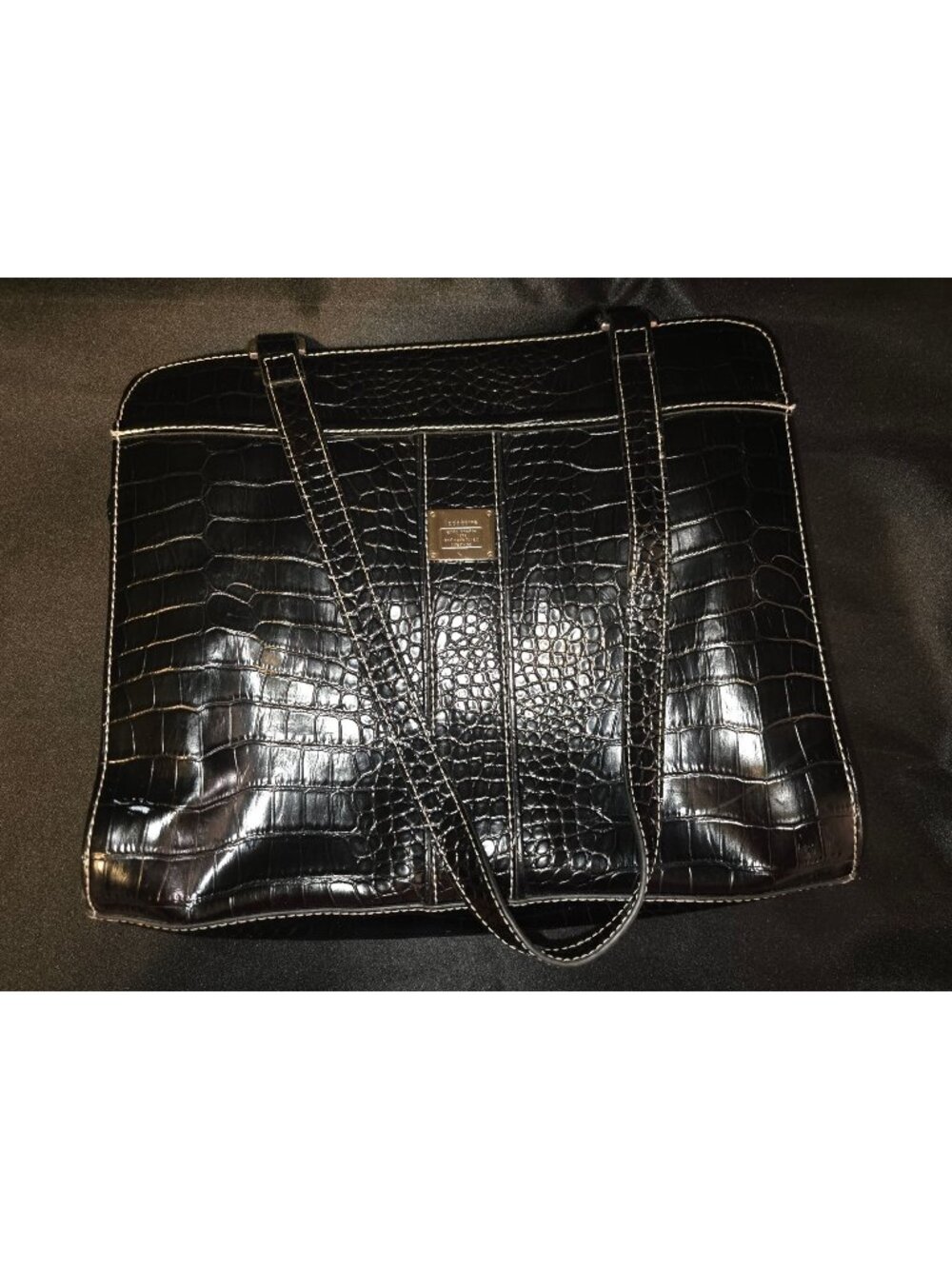 Liz Claiborne Black Faux Croc Tote Bag With Double Shoulder Straps & Zip Closure